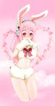  1girl animal_ears blush breasts bunny_tail cleavage gloves headphones highres large_breasts long_hair looking_at_viewer navel nitroplus paw_gloves pink_hair rabbit_ears red_eyes smile solo super_sonico tail 