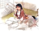  admiral_(kantai_collection) futon hair_down houshou_(kantai_collection) kantai_collection long_hair momose_(oqo) pillow robe rubbing_eyes sleeping under_covers waking_up window 