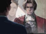  2boys absurdres ace_attorney ascot bangs black_hair blue_jacket brown_hair chinese_commentary ck_(26982497) commentary_request highres indoors jacket male_focus miles_edgeworth multiple_boys parted_bangs phoenix_wright phoenix_wright:_ace_attorney red_jacket reflection shirt short_hair spiky_hair spoilers upper_body white_ascot white_shirt 