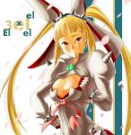  1girl bangs blazblue blonde_hair blunt_bangs blush bracelet breasts cleavage cleavage_cutout company_connection cosplay elphelt_valentine elphelt_valentine_(cosplay) gloves guilty_gear guilty_gear_xrd hairband highres himiz jewelry long_hair petals rachel_alucard red_eyes solo spiked_bracelet spikes twintails very_long_hair 