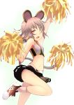 1girl adapted_costume animal_ears arm_up bare_arms bare_legs bare_shoulders cheerleader crop_top grey_hair highres ishikkoro midriff miniskirt mouse_ears navel nazrin one_eye_closed open_mouth panties pantyshot pantyshot_(standing) pom_poms prehensile_tail red_eyes skirt smile solo standing standing_on_one_leg tail touhou underwear upskirt white_panties