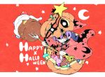  1girl bat bowl candy crescent_moon cupcake fang fork happy_halloween hat hokuto_(scichil) jack-o&#039;-lantern japanese_clothes jelly_bean kimono minigirl moon obi purple_hair red_eyes sash short_hair smile solo sukuna_shinmyoumaru touhou 