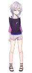  1girl anastasia_(idolmaster) blue_eyes earrings idolmaster idolmaster_cinderella_girls jewelry looking_at_viewer necklace purea sandals short_hair shorts silver_hair solo 