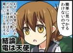 1girl bell_(oppore_coppore) blush brown_eyes brown_hair folded_ponytail hair_between_eyes inazuma_(kantai_collection) kantai_collection long_hair long_sleeves neckerchief open_mouth school_uniform serafuku solo translation_request 
