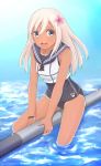  1girl blue_eyes crop_top feet_in_water flower hair_flower hair_ornament kantai_collection lifebuoy long_hair rasielcochma ro-500_(kantai_collection) sailor_collar school_swimsuit soaking_feet swimsuit swimsuit_under_clothes tan tanline water 