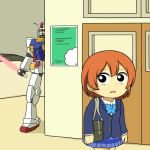  1girl bag comic energy_sword gundam hoshizora_rin love_live!_school_idol_project lowres mecha mobile_suit_gundam open_mouth orange_hair rx-78-2 school_bag school_uniform shiitake_nabe_tsukami sword weapon 