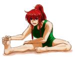  1girl alternate_costume alternate_hairstyle bare_arms bare_legs blue_eyes braid breasts green_clothes gym_shirt gym_shorts hair_ribbon hand_on_feet hong_meiling littlefinger1988 long_hair open_mouth ponytail ribbon sitting sleeveless sleeveless_shirt solo touhou tress_ribbon twin_braids 