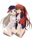  2girls :o absurdres ahoge bare_legs bare_shoulders barefoot baseball_cap bell bikini blonde_hair blue_eyes blush brown_hair flat_chest hair_bell hair_ornament hat heart heart_hands heart_hands_duo highres jacket kneeling leaning_forward letterman_jacket little_busters!! long_hair multiple_girls natsume_rin navel noumi_kudryavka official_art open_mouth parted_lips ponytail scan school_swimsuit swimsuit very_long_hair white_bikini white_school_swimsuit white_swimsuit 