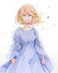  1girl angry blue_eyes christa_renz dress floating_hair hair_between_eyes looking_at_viewer shingeki_no_kyojin short_hair solo tears tonshi white_background white_dress wide_sleeves wind 