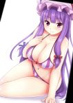  1girl alternate_costume arm_support bikini blush bow breasts cleavage ebi_193 front-tie_top hair_bow hat large_breasts looking_at_viewer navel patchouli_knowledge simple_background smile solo striped striped_bikini striped_swimsuit swimsuit touhou 