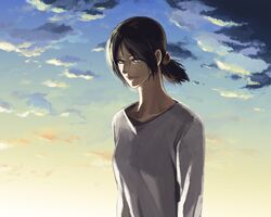  1girl black_hair clouds freckles gradient gradient_background half-closed_eyes looking_at_viewer low_ponytail omikan shingeki_no_kyojin short_hair short_ponytail sky smile solo sunlight twilight ymir_(shingeki_no_kyojin) 