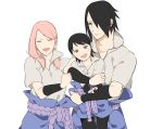  1boy 2girls absurdres black_hair closed_eyes family father_and_daughter haruno_sakura highres long_hair mother_and_daughter multiple_girls naruto no_glasses pink_hair short_hair smile uchiha_sarada uchiha_sasuke uchiha_sasuke_(cosplay) yunuko 