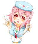  1girl blush breasts cleavage hat headphones highres large_breasts long_hair looking_at_viewer nitroplus nurse nurse_cap open_mouth pink_hair red_eyes smile solo stethoscope super_sonico syringe thigh-highs 