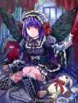  1girl boots character_request company_name crown doll_joints dragon_tactics hairband ichinose777 lolita_hairband long_hair looking_at_viewer official_art purple_hair red_eyes sitting solo stuffed_animal stuffed_toy sword weapon wings 