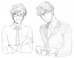  2boys black_hair crossed_arms formal glasses graphite_(medium) idolmaster idolmaster_cinderella_girls monochrome multiple_boys necktie producer_(idolmaster_anime) producer_(idolmaster_cinderella_girls_anime) short_hair smile suit tasuku traditional_media 