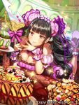  1girl black_hair blush breasts character_request cleavage company_name dragon_tactics dutch_angle heart high_heels ichinose777 large_breasts long_hair lying official_art on_stomach smile solo twintails 
