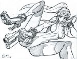  1girl alex_ahad bayonetta bodysuit breasts gun handgun high_heels large_breasts lips long_hair metroid mole monochrome parody pistol ponytail pose samus_aran solo super_smash_bros. weapon zero_suit 