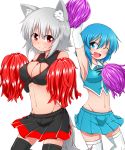  2girls alternate_color animal_ears arm_up armpits black_legwear blue_eyes blue_hair blush breasts cheerleader cleavage highres inubashiri_momiji katsumi5o large_breasts looking_at_viewer midriff miniskirt mound_of_venus multiple_girls navel no_hat one_eye_closed open_mouth pom_pom_(clothes) pom_poms red_eyes short_hair silver_hair simple_background skirt tail tatara_kogasa thigh-highs touhou white_background wolf_ears wolf_tail 