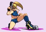  1girl alex_ahad alternate_costume bike_shorts blonde_hair blue_eyes boots clenched_hand crop_top gun handgun lips long_hair metroid mole one_knee ponytail samus_aran serious solo super_smash_bros. weapon 