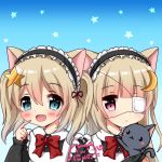  2girls :d animal animal_ears apron bangs black_cat black_dress black_hairband blonde_hair blue_background blue_eyes blush bow cat cat_ears closed_mouth collared_dress commentary_request crescent crescent_hair_ornament dress eyebrows_visible_through_hair eyepatch finger_to_mouth frilled_apron frilled_hairband frills hair_between_eyes hair_ornament hairband heart heart_in_eye highres long_hair long_sleeves maid maid_apron medical_eyepatch multiple_girls nyano21 open_mouth original red_bow red_eyes siblings sidelocks signature sisters smile star star_hair_ornament symbol_in_eye twins twintails very_long_hair white_apron 