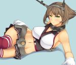  1girl :/ arm_support bare_shoulders blue_background blush breasts brown_hair cleavage collar gloves green_eyes hai_ookami headgear kantai_collection large_breasts looking_at_viewer lying midriff miniskirt mutsu_(kantai_collection) navel on_side pleated_skirt red_legwear revision short_hair sideboob simple_background skirt solo thigh-highs white_gloves yellow_eyes 