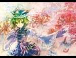  1girl :/ flower green_eyes green_hair hat lakestep55 looking_at_viewer shiki_eiki short_hair solo touhou traditional_media wide_sleeves 