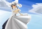  1girl blush bow dress flat_chest hair_bow half_updo looking_at_viewer melty_blood outstretched_hand pointy_ears red_eyes renon_(freedomx10a) short_hair silver_hair solo tsukihime white_len 
