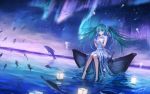  1girl boat dolphin feet_in_water flying_fish green_hair hatsune_miku highres long_hair sky soaking_feet solo star_(sky) starry_sky vocaloid water 