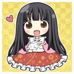  1girl animal animal_hug bangs black_hair brown_eyes checkered checkered_background chibi floral_print frilled_skirt frills heart highres houraisan_kaguya japanese_clothes long_hair long_skirt looking_at_viewer open_mouth rabbit shinshiusa skirt solo touhou very_long_hair yellow_background 