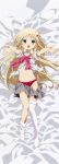  1girl :d absurdres blonde_hair blue_eyes dakimakura full_body hair_ornament highres little_busters!! long_hair looking_at_viewer lying navel noumi_kudryavka on_back open_clothes open_fly open_mouth open_shirt outstretched_arms outstretched_hand panties plaid plaid_skirt pleated_skirt red_panties scan school_uniform skirt skirt_pull smile solo thigh-highs underwear unzipped very_long_hair white_legwear 