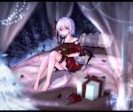  1girl alternate_costume bat_wings bed bed_sheet bedroom camisole canopy_bed chikawa_shibainu christmas colored_eyelashes eyes_visible_through_hair hair_between_eyes hair_ribbon highres lavender_hair letterboxed lingerie looking_at_viewer object_hug off_shoulder pointy_ears red_eyes remilia_scarlet revision ribbon short_hair sitting solo stuffed_animal stuffed_toy teddy_bear thighs touhou underwear wings 