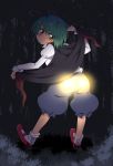  1girl antennae ass baggy_shorts blush cape cape_lift forest glowing green_eyes green_hair harusame_(unmei_no_ikasumi) juliet_sleeves long_sleeves looking_at_viewer looking_back nature night puffy_sleeves shirt solo touhou wriggle_nightbug 