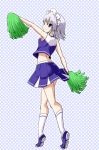  1girl blue_eyes braid cheerleader izayoi_sakuya kousei_(public_planet) maid_headdress miniskirt polka_dot polka_dot_background pom_poms silver_hair skirt solo touhou 