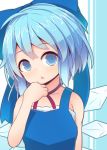  1girl bare_arms beni_shake blue_dress blue_eyes blue_hair bow bust cirno dress hair_bow ice ice_wings looking_at_viewer open_mouth sleeveless sleeveless_dress solo touhou wings 