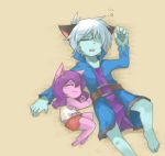  1boy 1girl animal_ears barefoot blue_hair blue_skin blush_stickers closed_eyes hair_over_one_eye if_they_mated league_of_legends lulu_(league_of_legends) open_mouth purple_hair purple_skin scar sleeping smile veigar yan531 yordle 