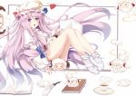  1girl book bow coffee crescent_hair_ornament deformed hair_bow hair_ornament hat long_hair open_mouth patchouli_knowledge purple_hair sheep thighs touhou very_long_hair violet_eyes white_crow 