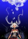  1girl bare_shoulders blonde_hair breasts breath bubble budget_sarashi commentary_request dark_skin doraeshi glasses headgear highres jacket kantai_collection machinery musashi_(kantai_collection) open_clothes open_jacket pleated_skirt red_eyes red_skirt sarashi skirt solo submerged twintails underwater 