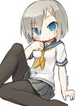  1girl :&lt; between_breasts black_legwear blue_eyes blush bob_cut gloves hair_ornament hairclip hamakaze_(kantai_collection) hand_on_own_chin kantai_collection knee_up nanatsuta neckerchief pantyhose pleated_skirt sailor_collar school_uniform serafuku silver_hair sitting skirt twitter_username white_background 