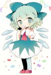  1girl ascot blue_dress blue_eyes blue_hair blush bow candy chibi cirno dress dress_shirt food food_in_mouth hair_bow ice ice_wings kyoneko lollipop looking_at_viewer puffy_short_sleeves puffy_sleeves shirt short_hair short_sleeves simple_background solo swirl_lollipop touhou wings 