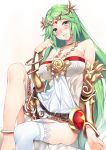  1girl aqua_eyes blush breasts cleavage green_hair jewelry kid_icarus long_hair looking_at_viewer necklace open_mouth palutena revision sitting smile solo thigh-highs tiara very_long_hair white_legwear yatsu_(sasuraino) 