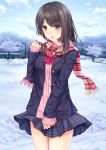  1girl black_hair brown_hair highres jacket long_sleeves n.g. plaid plaid_skirt scarf school_uniform skirt snow tagme 