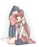  2girls black_hair black_legwear brown_eyes brown_hair closed_eyes comforting crying detached_sleeves hand_on_another&#039;s_head head_hug houshou_(kantai_collection) hug kantai_collection kneeling long_hair multiple_girls mylovelydevil parted_lips ponytail single_thighhigh sitting skirt tears thigh-highs v_arms wariza white_legwear yamato_(kantai_collection) 