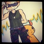  1boy :&lt; adjusting_glasses arm_behind_back belt blonde_hair camouflage camouflage_pants commentary_request dog_tags glasses jewelry machisu_(pokemon) male_focus necklace pants pokemon pokemon_(game) pokemon_hgss raichu rii smile tank_top 