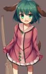 1girl animal_ears blush broom dog_ears dress fang green_eyes green_hair highres kasodani_kyouko looking_at_viewer open_mouth shone short_hair simple_background smile solo tail touhou 