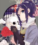  1boy artist_request blue_eyes elbow_gloves flower gloves looking_at_viewer mole mole_under_eye nail_polish purple_hair scarf skull solo topknot touken_ranbu window yamato-no-kami_yasusada 