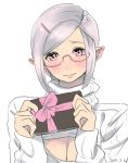  1girl artist_request blush box elezen elf final_fantasy final_fantasy_xiv gift gift_box glasses grey_hair hairband pink_eyes pointy_ears potion_lilac(popopotionu) smile solo sweater 