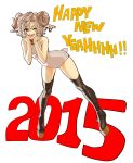  1girl 2015 ;) animal_ears bell bell_collar boots collar earrings flat_chest full_body hands_on_own_face happy_new_year highres horns jewelry leotard new_year okada_(hoooojicha) one_eye_closed platform_footwear platform_heels red_eyes sheep_ears sheep_horns short_hair silver_hair smile solo tail thigh-highs thigh_boots 