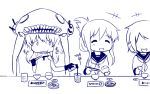  3girls abubu cannon cape chewing chopsticks eating fish fish_bone food glass gloves hair_ornament hairclip headgear ikazuchi_(kantai_collection) inazuma_(kantai_collection) kantai_collection monochrome multiple_girls plate rice_bowl smile soy_sauce turret wo-class_aircraft_carrier 