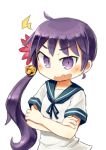  &gt;:o 1girl :o akebono_(kantai_collection) bell blush bust crossed_arms flower hair_bell hair_flower hair_ornament kantai_collection long_hair nanatsuta neck_ribbon purple_hair ribbon sailor_collar school_uniform serafuku side_ponytail twitter_username violet_eyes wavy_mouth white_background 