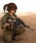  1girl assault_rifle brown_hair camouflage collarbone desert fang finger_on_trigger gloves green_eyes gun hair_bobbles hair_ornament headset highres horizon jpc knee_pads kneeling load_bearing_equipment looking_at_viewer m4_carbine military military_uniform open_mouth original ponytail pouch rifle sky sleeves_rolled_up soldier solo uniform watch weapon 